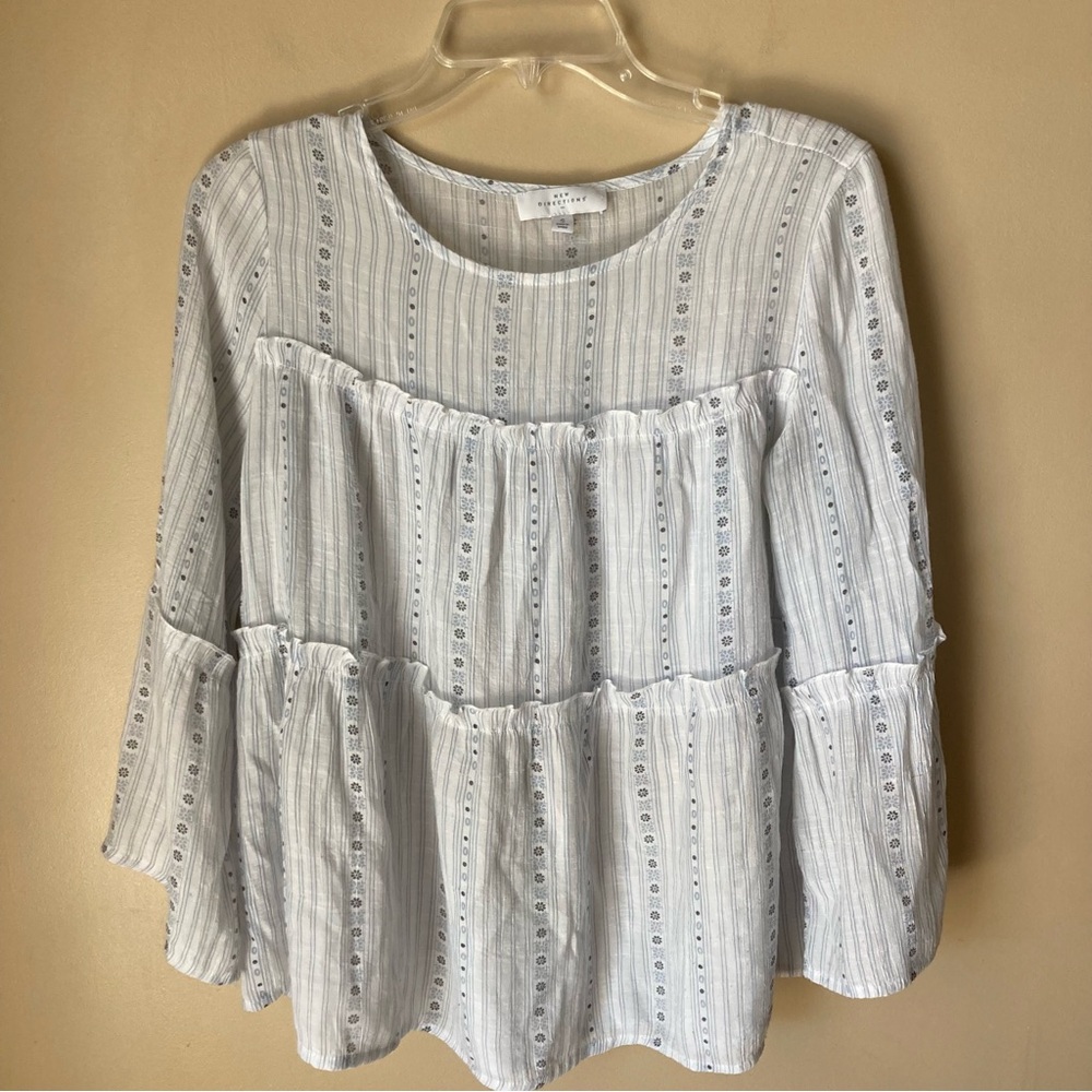 New Directions Women’s Floral & Striped Boho Peasant Tiered Top; Size S